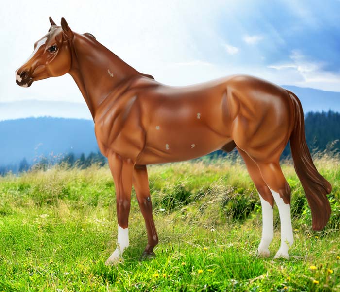 Apollitcal Jess's Breyer model standing in a field with mountains in the background