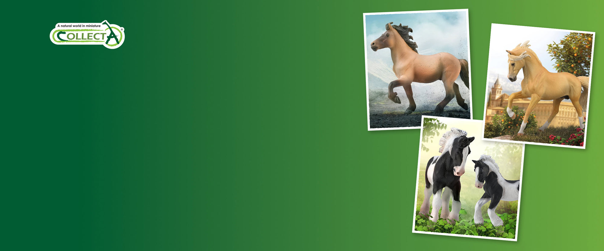 Save 20% on CollectA - Assorted inlaid photos of CollecA models on a green background