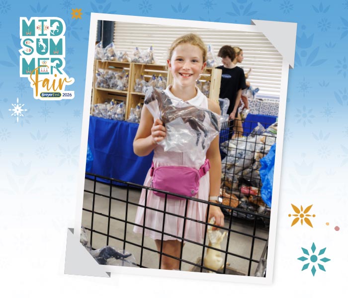 BreyerFest Warehouse Sale - featuring an inlaid images of a child shopping at BreyerFest on a fading blue background