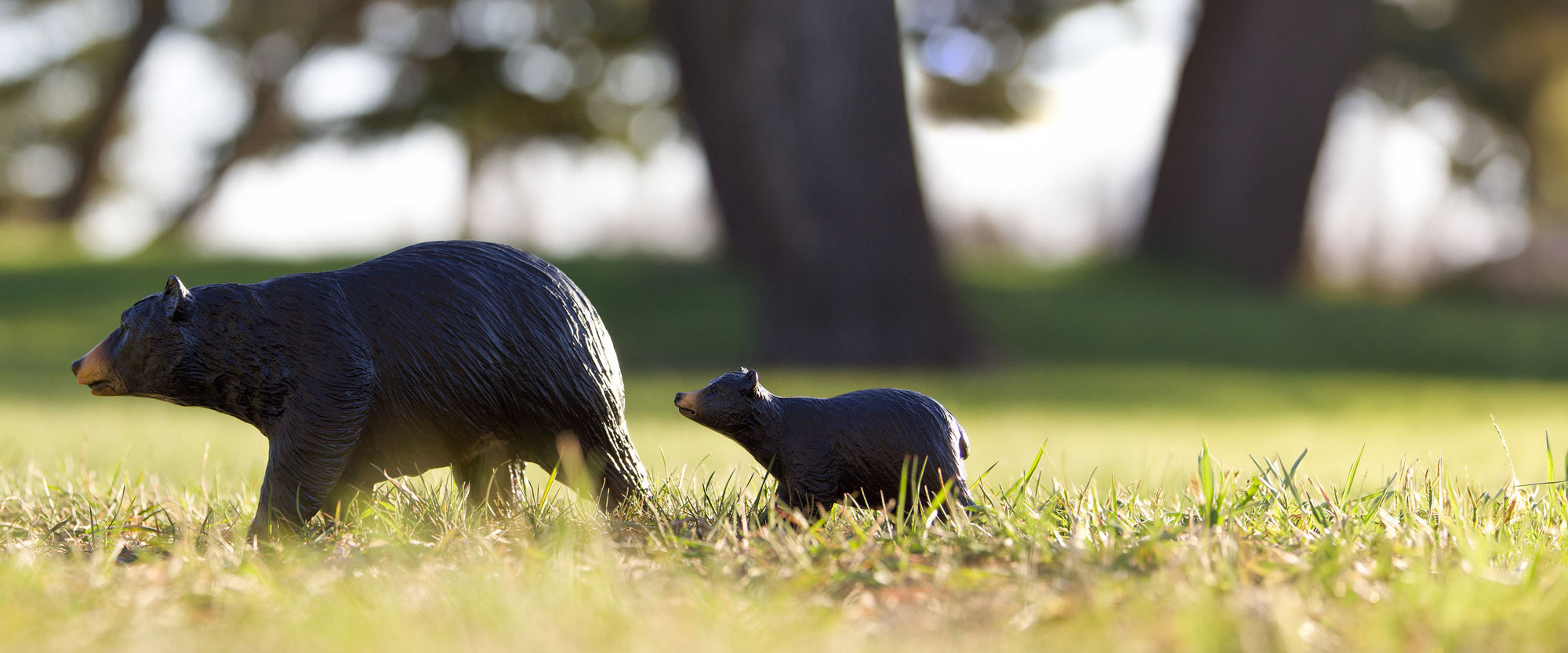  Black Bear & Cub Breyer Models walking in a field of grass.