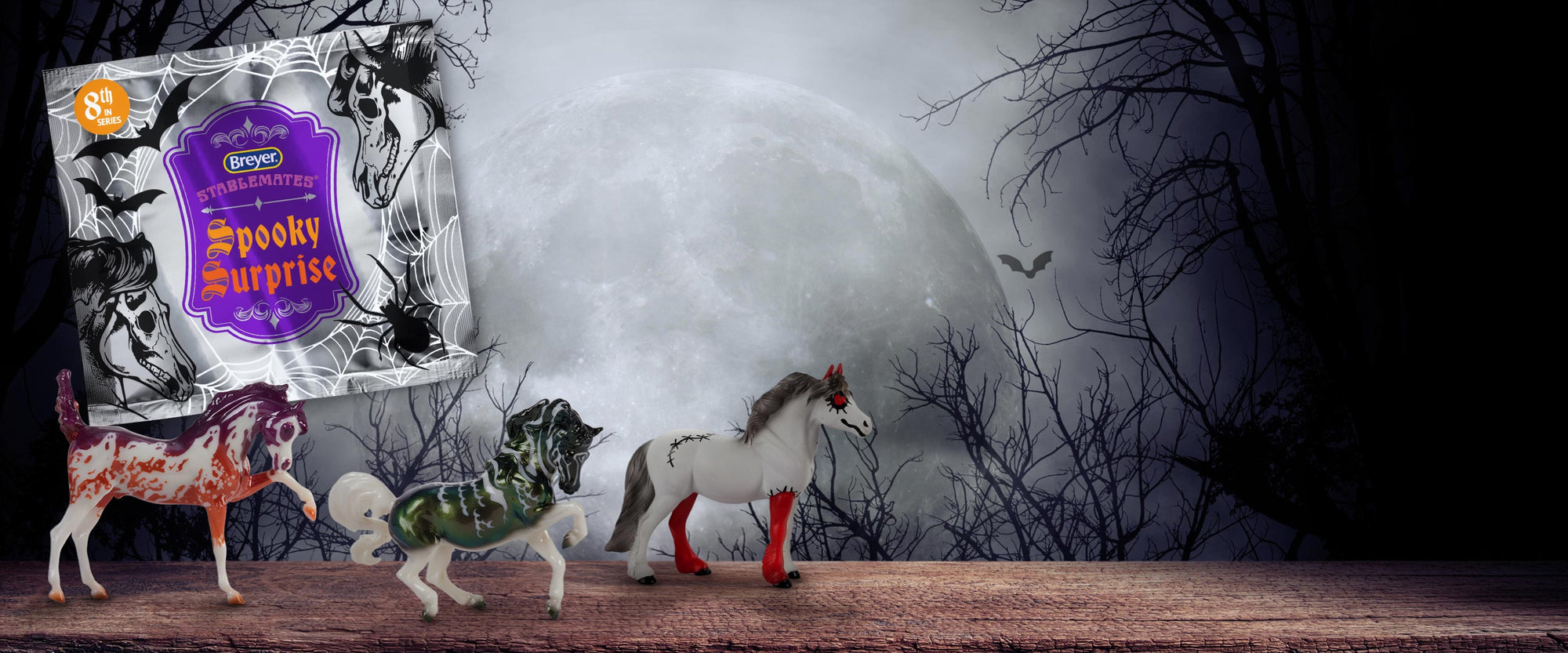 Spooky Surprise Blind Bags - Breyer Stablemates on a creepy background and large moon