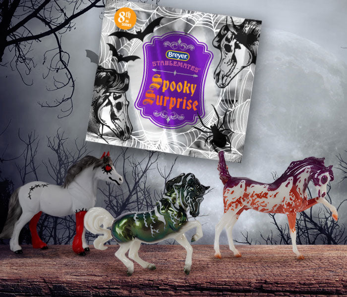 Spooky Surprise Blind Bags - Breyer Stablemates on a creepy background and large moon