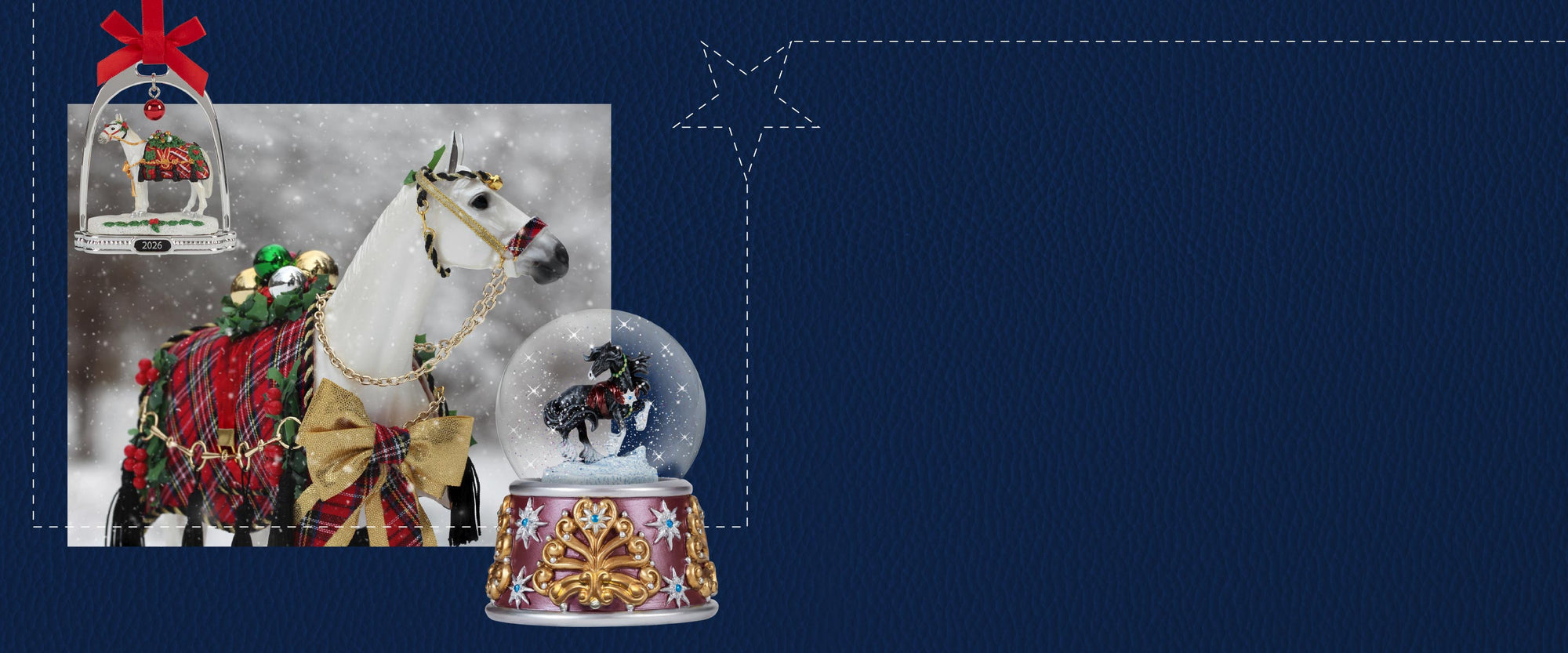 The 2026 Holiday Collection - Featuring Holiday Homecoming model and stirrup ornament, and the snow globe