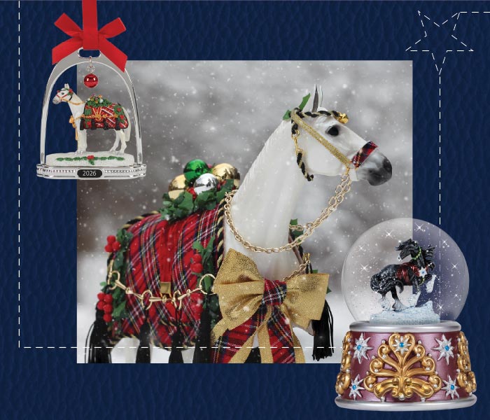 The 2026 Holiday Collection - Featuring Holiday Homecoming model and stirrup ornament, and the snow globe
