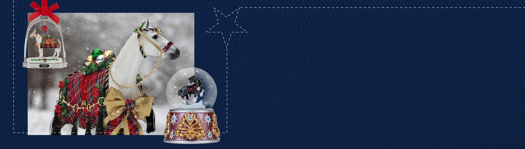 The 2026 Holiday Collection - Featuring Holiday Homecoming model and stirrup ornament, and the snow globe