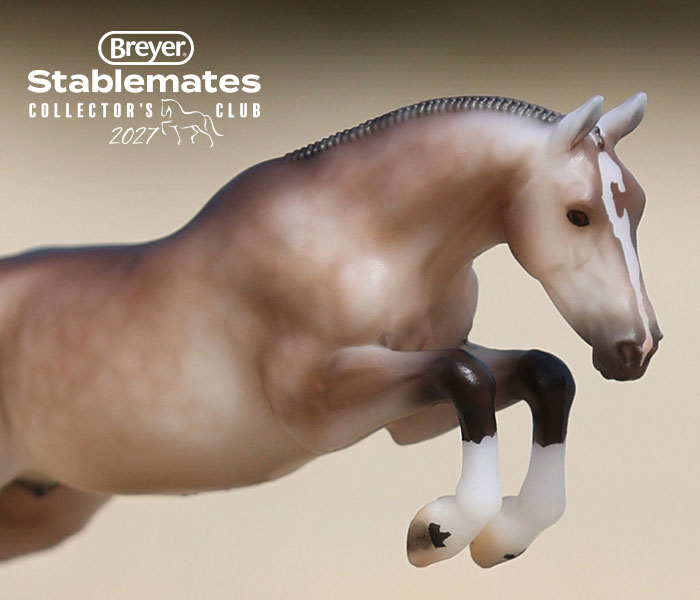 Luca - A 2027 Stablemates Club release shown jumping on a tan background with the Stablemates Club logo