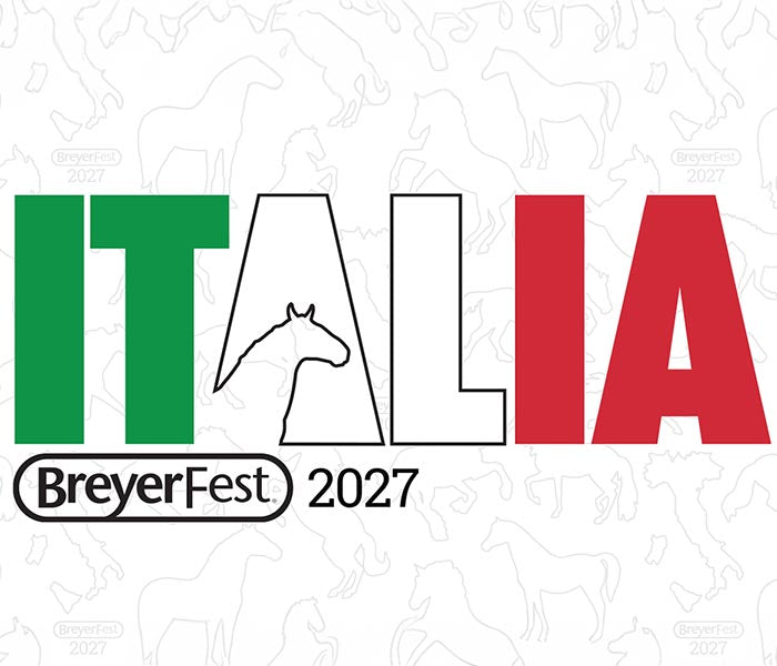 The 2027 BreyerFest Logo, Italia - with outlines of horses and Italy in the background