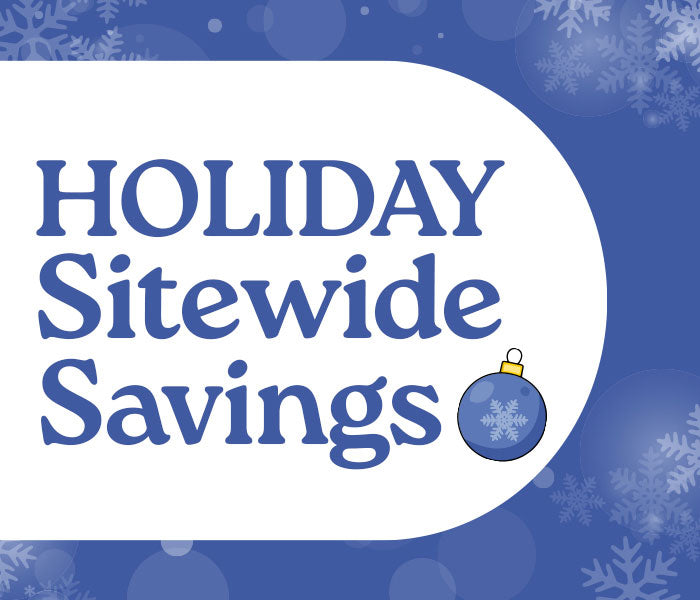 Holiday Sitewide Savings on a blue background with snowflakes