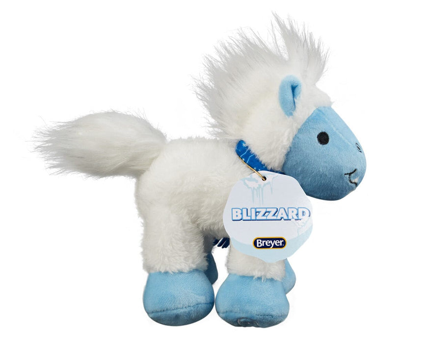 Blizzard | 2026 Holiday Plush with blue scarf and tag on a white background facing right