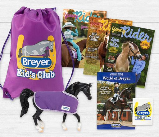 Breyer Kid’s Deluxe Gift Set | Black Arabian - model with blanket, backpack, and Young Rider magazines.