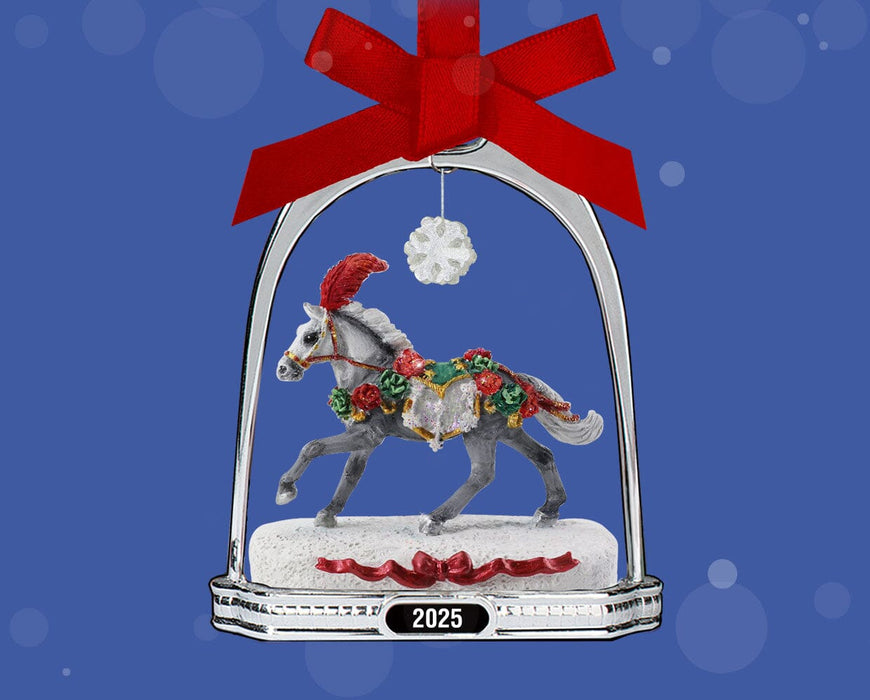 Christmas in Bloom | 2025 Stirrup Ornament on blue background