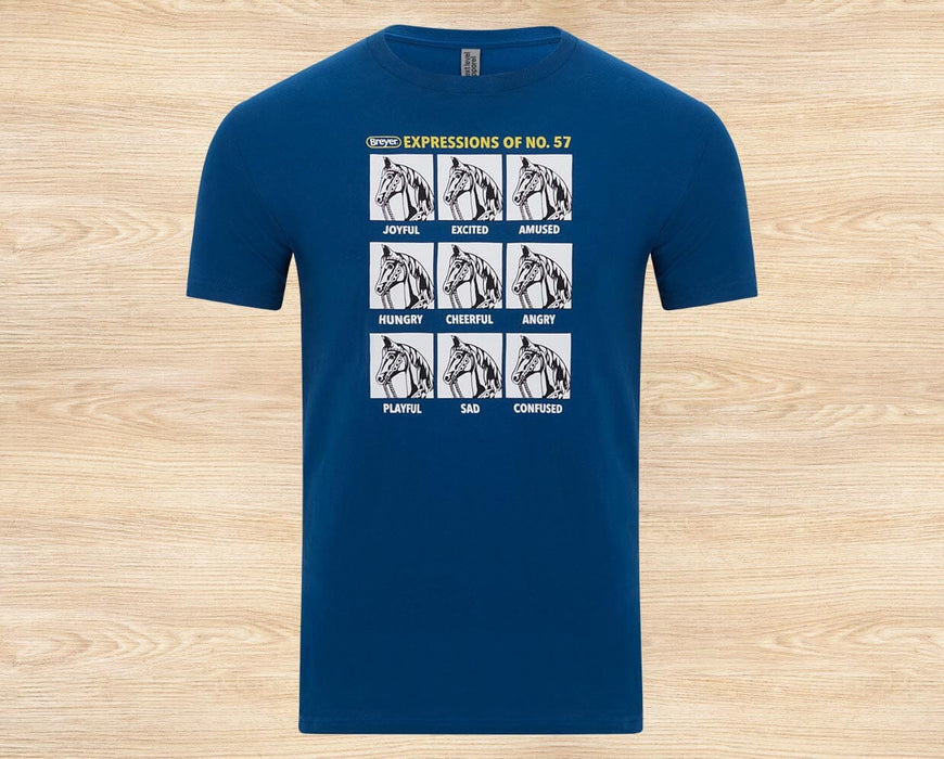 Breyer T-Shirt Expressions of No. 57; blue with 9 identical images all with a different description