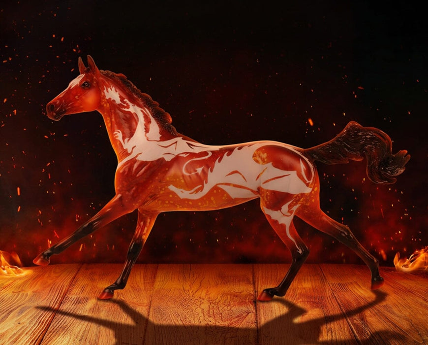 Fuego | Halloween Horse - facing left on standing on a wood floor with fire