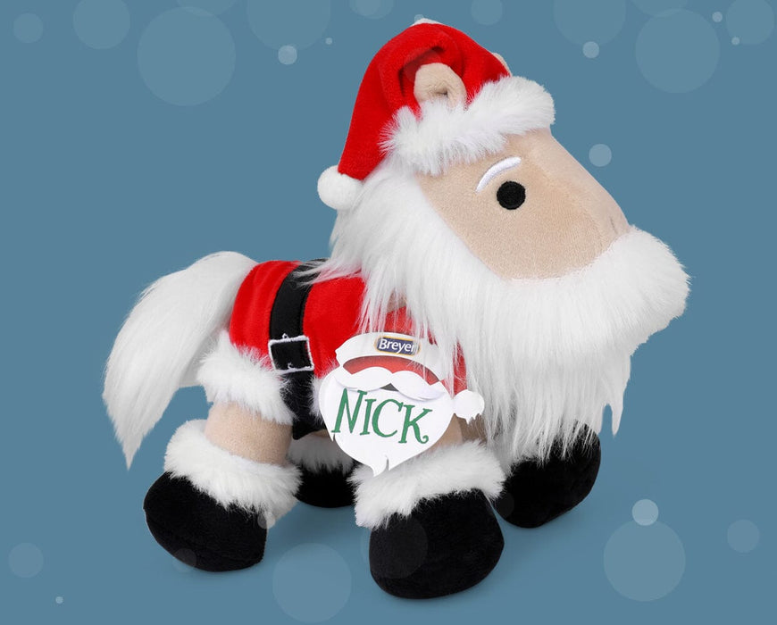 Nick | 2025 Holiday Plush facing right. Horse plush dressed in Santa clothes