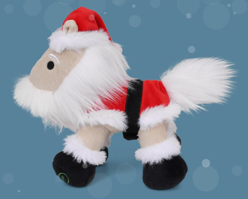 Nick | 2025 Holiday Plush facing left. Horse plush dressed in Santa clothes