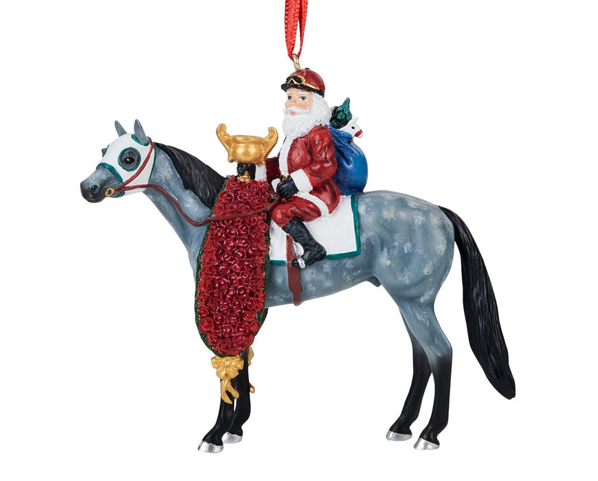 Off to the Races | 2026 Santa Ornament - facing left on a white background