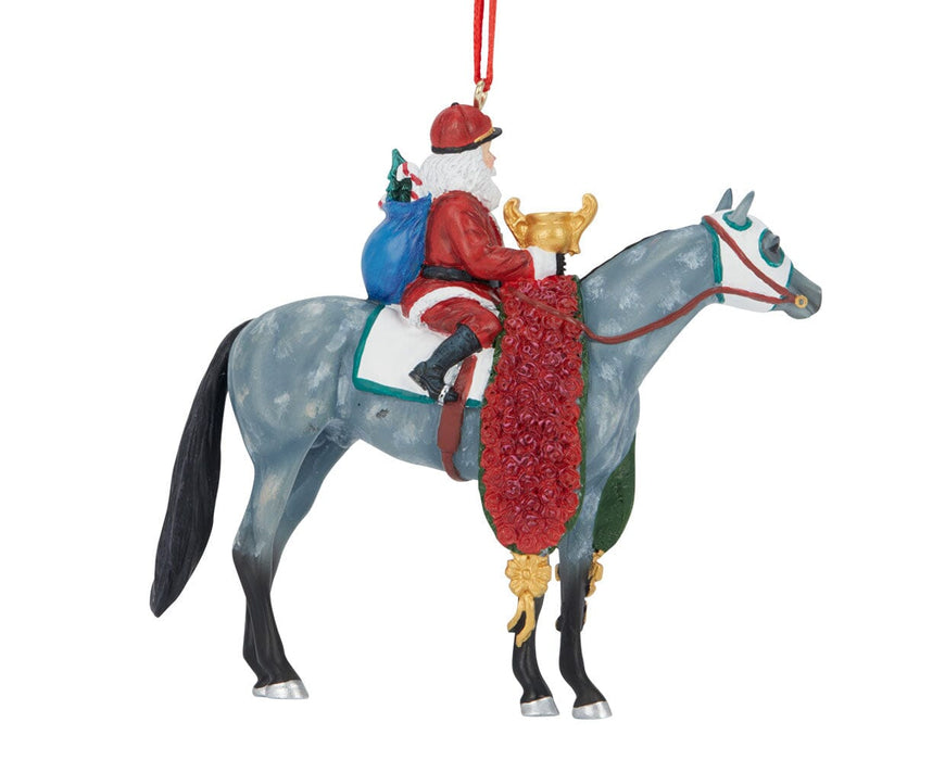 Off to the Races | 2026 Santa Ornament - facing right on a white background