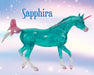 Sapphira | Unicorn facing right on a purple background with twinkling stars