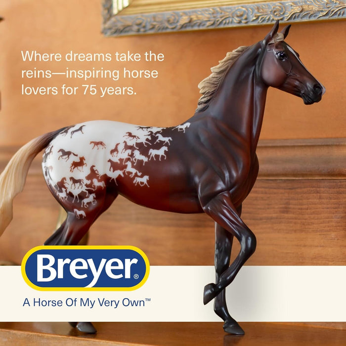 Breyer model horse with decorative background and Breyer logo - Where dreams take the reins - inspiring horse lovers for 75 years
