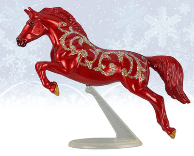 Glossy metallic red with gold glitter filigree, on a clear glittering base
