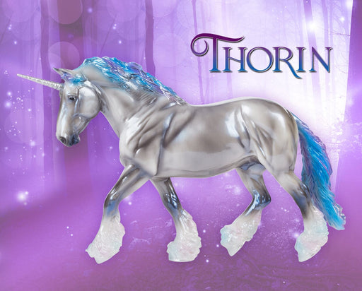 Thorin - Breyer Model Unicorn facing right on a purple background