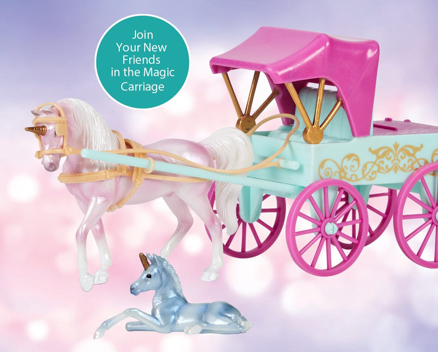 Unicorn Magic Carriage & Foal Playset on a colorful background with an informational burst