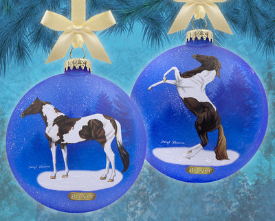 Artist Signature Ornament | Pintos Model Breyer. Both sides.  The horse rearing and standing on all hooves.