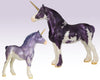 Hyacinth & Wisteria  | Unicorn Mare & Foal on background on purple fade background