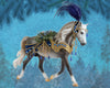 Snowbird | 2022 Holiday Horse Model Breyer. Blue and gold accents on his attire pop against his pearly grey coat